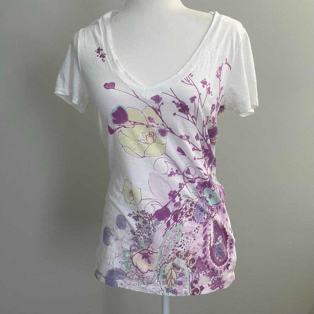 American Eagle Women’s Floral Baby Tee Y2K Pastel V Neck Top Size Large